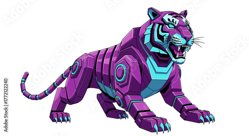 Fierce robotic tiger with vibrant purple and cyan mechanical design ready to pounce for futuristic adventures