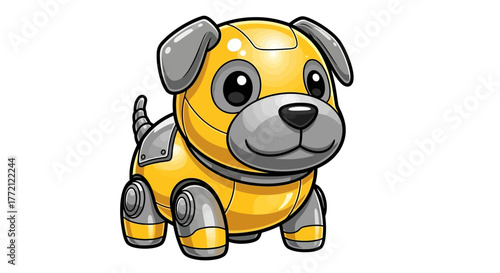 Adorable yellow robot dog character with metallic accents, playful and futuristic companion for tech projects and kids' content