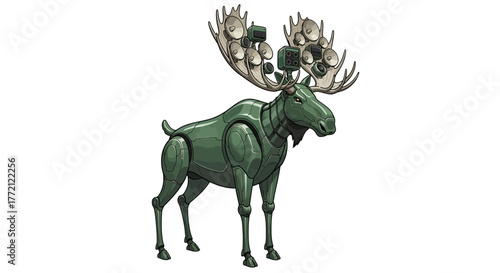 Futuristic robot moose with speakers on antlers, a unique blend of nature and technology for innovative concepts