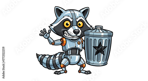 Friendly robot raccoon waving hello holding a trash can with a star, perfect for eco-friendly tech or recycling campaigns