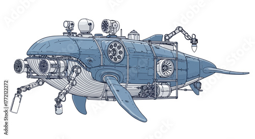 Whimsical steampunk whale submarine with robotic arms exploring ocean depths, a creative concept for fantasy adventures