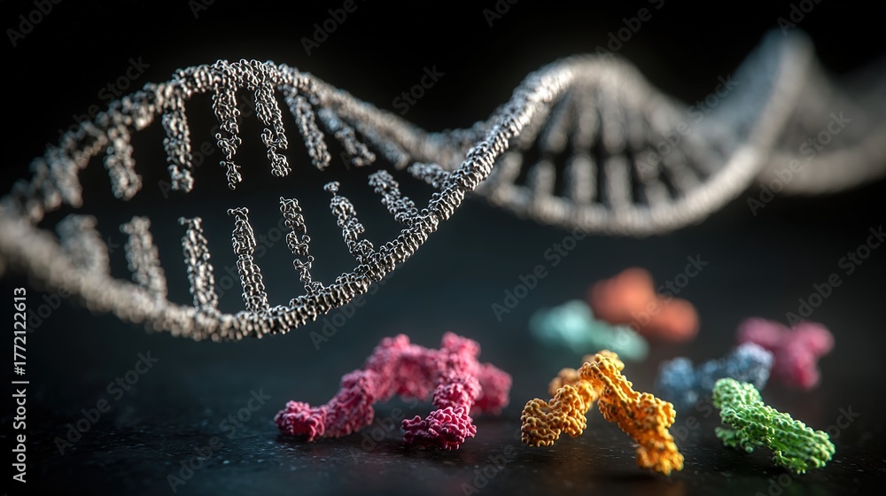 Fototapeta premium Genetic engineering theme, 3D DNA double helix model suspended against a black background, base pairs labeled on the chain, fluorescently labeled gene fragments beside it 