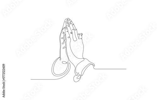 Hands in Prayer One Line Drawing – Minimal Continuous Line Art of Praying Gesture, Spiritual Vector Illustration