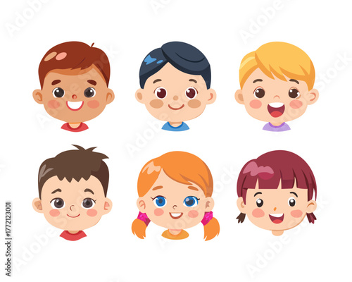 Kids faces. Child expression faces little boys and girls cartoon avatars vector collection. Girl and boy avatar, young teenager female and male ... See More