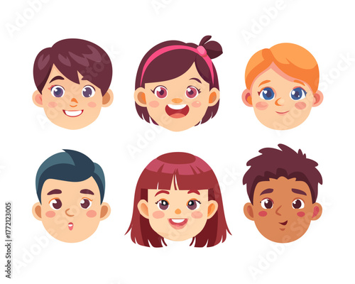 Kids faces. Child expression faces little boys and girls cartoon avatars vector collection. Girl and boy avatar, young teenager female and male ... See More