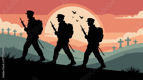 Solemn tribute walk: Silhouette of soldiers honoring fallen comrades in peaceful memorial landscape, evocative of remembrance and sacrifice, originally a vector graphic