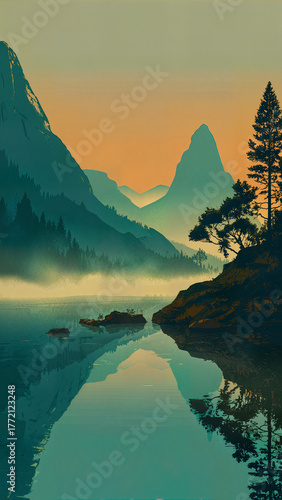 Morning Mist Over Mountain Lake – Tranquil Minimalist Landscape