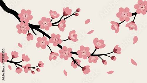Romantic cherry blossoms blooming on branches, a beautiful floral design element perfect for spring celebrations, weddings, and seasonal promotions