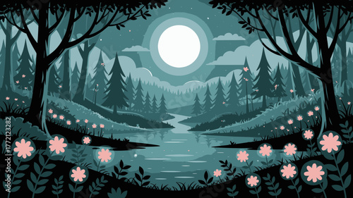 Enchanting moonlit forest landscape, a serene river flows through pine trees and blooming flowers in a peaceful, dreamy scene, perfect for nature lovers