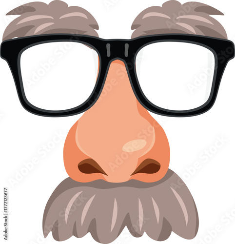 Fake Nose with Glasses and Mustache Vector Mask Design. Funny entertainer costume with eyeglasses and a big nose
