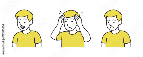 Minimalist Line Art Young Man Emotional States Set - Happy, Stressed, and Sad Face Icons Vector