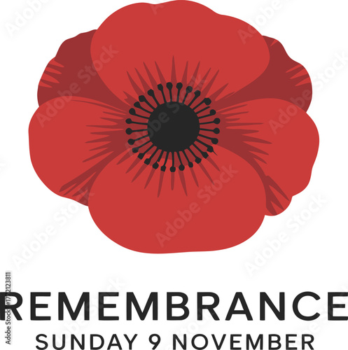 Elegant red poppy bloom for Remembrance Sunday, a modern tribute for November 9th, honoring peace, respect, and remembrance, scalable graphic