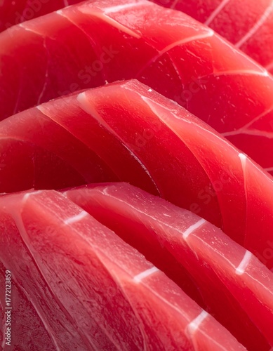 Macro shot of vibrant red, thinly sliced, raw fish with white lines