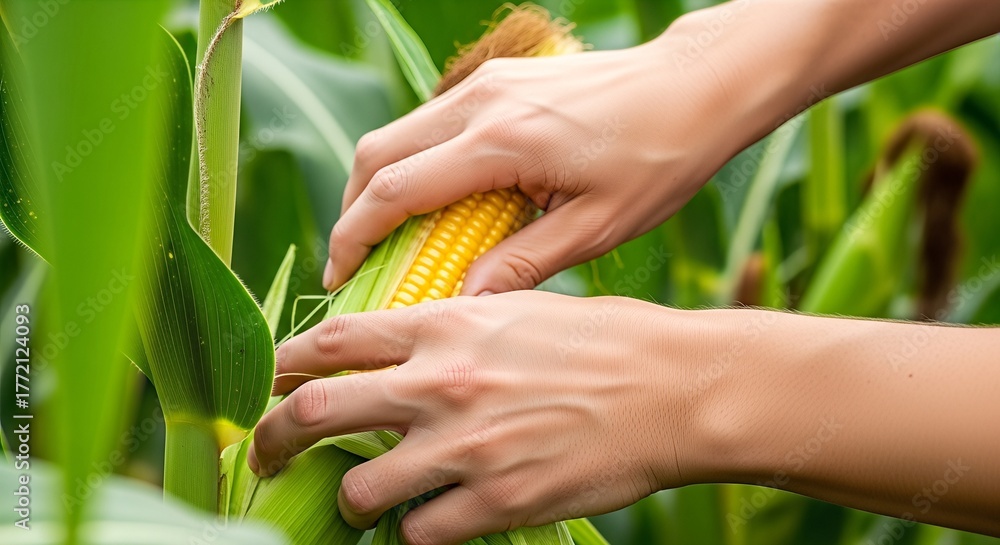 Obraz premium Hands gently harvesting ripe corn from lush green stalks in a vibrant vegetable garden, showcasing the beauty of farm produce and sustainable agriculture practices