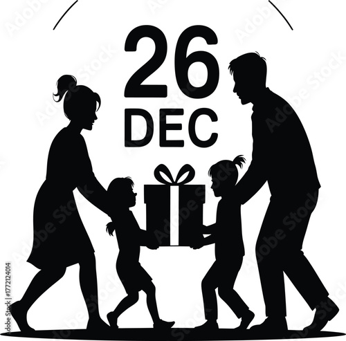 Family Celebrating Boxing Day with Gift, Parents and Children Together, December 26th Holiday Celebration, Festive Joy and Togetherness, Holiday Vector