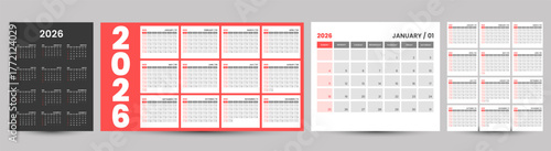 editable minimal calendar design 2026. Week starts on Sunday. Place for notes. Minimalist trendy design for desktop design calendar planner.