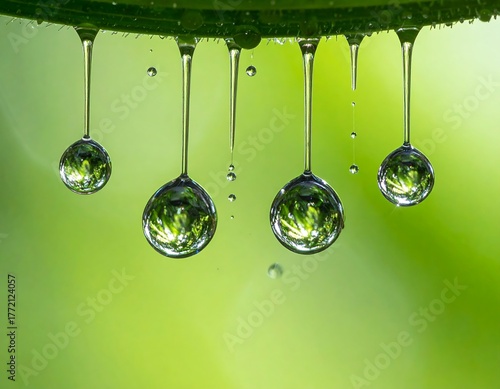 Macro shot of water droplets hanging from a green leaf, reflecting nature