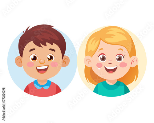 Happy kids avatars. Cute children smiling, boy girl in rounds vector set. Illustration girl and boy avatar, happy kids, child happiness. High quality
