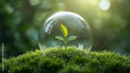 Fresh Green Seedling Emerging From Moss In A Glass Bubble Amid Forest Sunlight