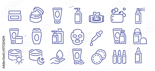 Skincare product editable stroke outline icons set isolated on white background flat vector illustration. Pixel perfect. 64 x 64.