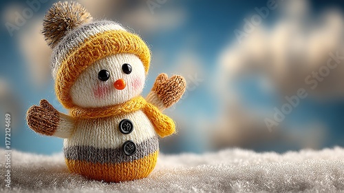Playful snowman with bright yellow scarf jumping hands-up pose, big-sky white-snow scene in crisp high-res, perfect for app loading page, calendar cover or winter event invite