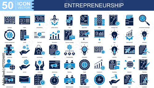 ENTREPRENEURSHIP icon collection set. Containing Office, Strategic Plan, Folder, recruitment employee, money management icon. Simple line vector