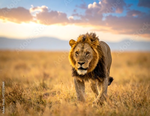 Magnificent male big cat strides across savanna, sunrise ablaze