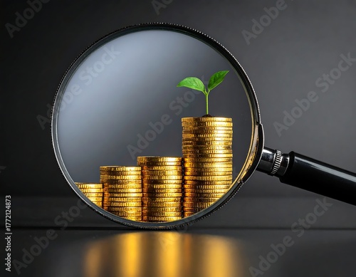 Magnifying glass focuses on a stack of gold coins sprouting green leaves