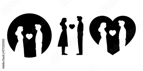 Couple with Heart Black Icon Bundle for Valentine and Love Concept