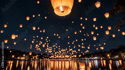 Floating lantern YeePeng Firework Festival or Yi Peng Lantern in Chiangmai, Chiang Mai festival and Loy Kratong Festival in Thailand,Asia 