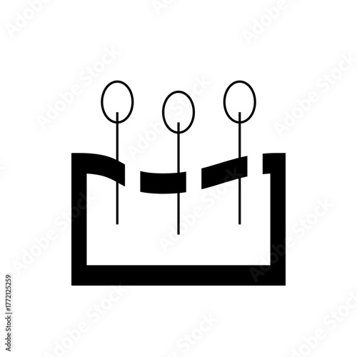 Illustration of a three pole changeover switch with a rectangular frame and simple circular actuators