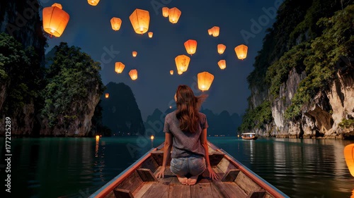 Back view of woman sitting in the boat and looking on the paper light lanterns. Boat moving on the lake in Thailand in lantern festival time.