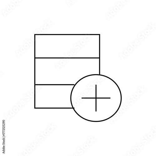 Illustration of a stacked rectangular boxes with a plus sign inside a circle attached to the side
