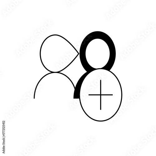 Illustration of two outlined figures with one figure having a plus sign indicating adding a member or contact