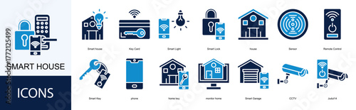 Smart house icon collection set. Containing Smart house, Key Card, Smart Light, Smart Lock, house icon.