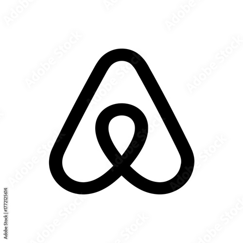 A minimalist black and white depiction of the airbnb logo featuring a stylized bent triangle shape design