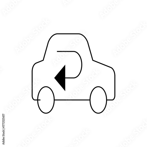 Car with reverse direction arrow indicating u turn maneuver in a simple black and white line drawing