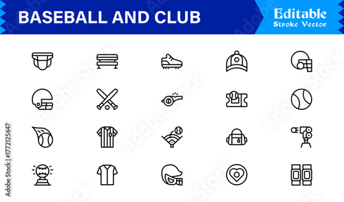 Baseball and club line icon set featuring editable, pixel-perfect icons with modern, clean, and minimal design. Perfect for sports, teams, and recreation themes.