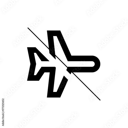Black and white icon showing a stylized airplane with a diagonal line crossing through it indicating prohibition