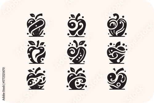 Collection of nine stylized black apple icons with decorative swirls and leaves