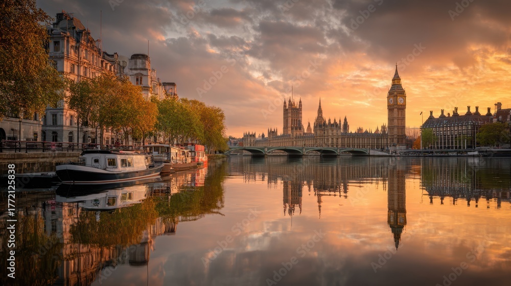 Obraz premium London River Skyline Sunset View with Big Ben and Houses of Parliament