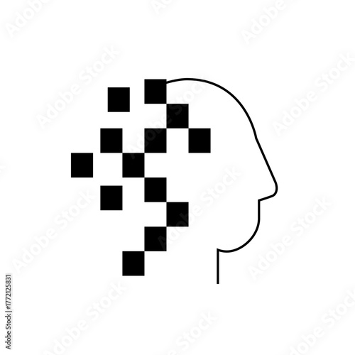 Outline of a head with black squares forming a pixelated effect on the left side of the head shape design