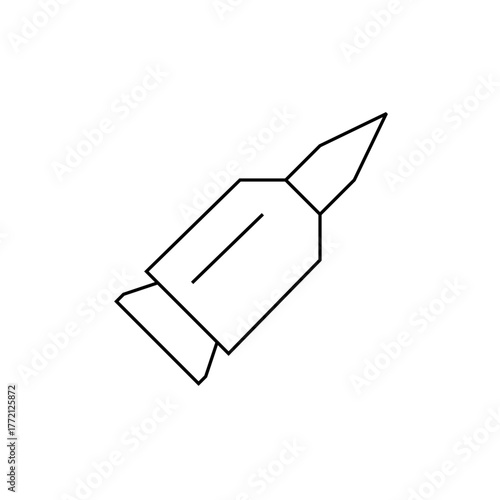 Outline drawing of a rocket with a pointed nose cone and fins angled to the left on a white background