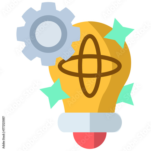 Flat Innovation Icon – Bright Yellow Light Bulb and Gear Representing Smart Creativity and Technology