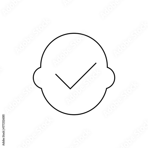 A simple outline drawing of a circle with two small side protrusions and a check mark inside the circle