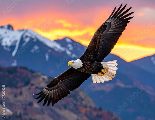Majestic Bald Eagle in flight with wings spread, set against sunset