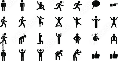 Collection of diverse stick figure icons representing various human actions and emotions isolated on transparent background