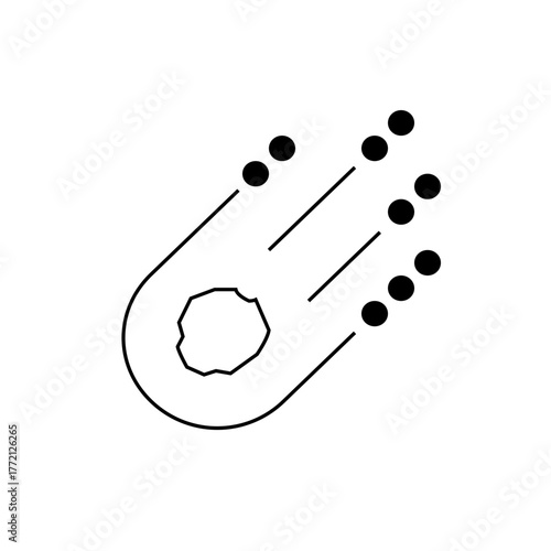 Illustration of a comet with a rocky core and a tail of particles moving across the sky, simple drawing