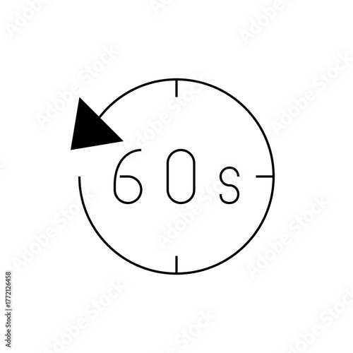 Illustration of a timer with an arrow indicating sixty seconds duration on a white background design icon