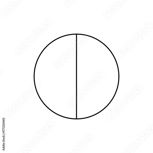 A simple illustration of a circle bisected vertically by a straight line creating two equal halves shape design